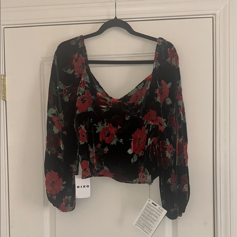 RIXO velvet and silk floral print top